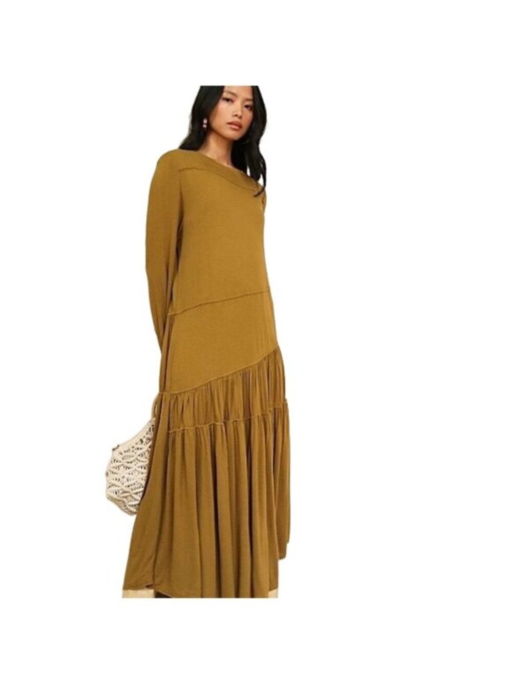 Free People Beach Tan Jilly Drop Waist Long Sleeve Asymmetric Hem Midi Dress XS